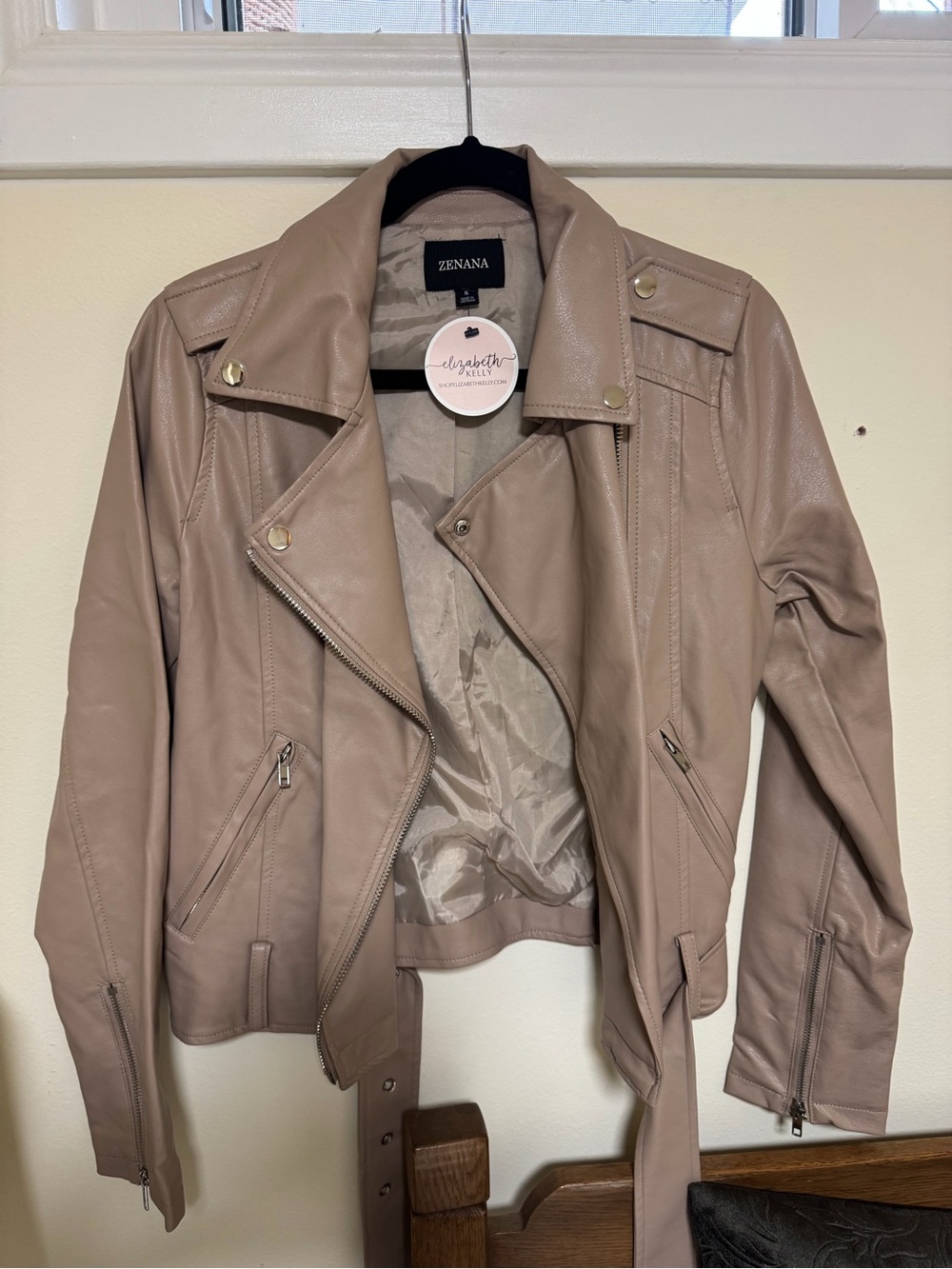 Zenana Outfitters Taupe Faux Leather Moto Jacket with Belt